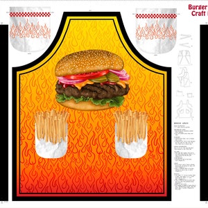 Sew & Go XI - Burger and Fries Apron Panel - #27636 -O - by QT Fabrics - 100% Cotton Woven Fabric Panel - Instructions Printed on the Fabric