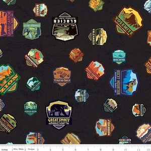 National Park Patches on Gray-Black by Riley Blake, 100% Cotton Woven Fabric, Choose Your Cut