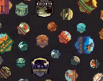National Park Patches on Gray-Black by Riley Blake, 100% Cotton Woven Fabric, Choose Your Cut