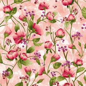 Peony Blossom Flower on Stem Pink – Pattern # 60-4561 - by Oasis Fabrics - 100% Cotton Woven Fabric - Choose Cut