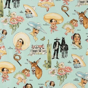 Puede incluir: Un fondo azul claro con un patrón repetitivo de ilustraciones. Las ilustraciones incluyen personas, animales, plantas y texto. El texto incluye las palabras "El Chicote", "El Maton", "Tito", "Carmen", "Inez", "Jose Enrique", "Fantarrron", "Encanta" y "Chicote".