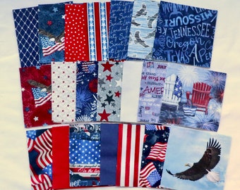 Charm Squares: Celebrate USA - 42 Five In Squares - 2 Repeats of 21 Patriotic Fabrics - 100% Cotton Woven Fabrics - May order 10 In Squares