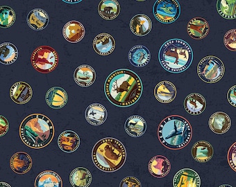National Parks Emblems Navy - CD13292 - by Riley Blake, 100% Cotton Woven Fabric - Choose Your Cut