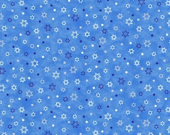 May include: Blue fabric with a repeating pattern of white and blue Star of David symbols. The design features varying sizes of the six-pointed stars scattered across a textured, watercolor-like background.