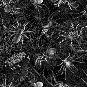 May include: A black and white pattern featuring multiple spiders and spiderwebs. The spiders vary in size and are depicted with detailed textures. The webs are intricately woven, creating a spooky, Halloween-themed design.