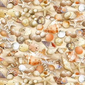 May include: A collection of seashells and starfish in various sizes and colors, including white, tan, and orange, scattered on a sandy background. The image showcases a variety of shell shapes and textures, creating a beach-themed pattern.