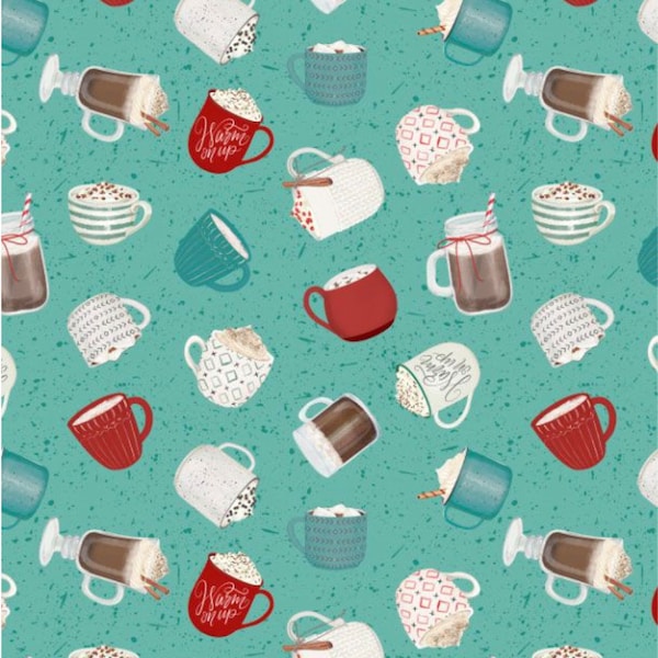 Cocoa Sweet - Tasses de chocolat chaud sur turquoise - # 3017 27674 773 - par Wilmington Prints - 100 % coton tissé - Choisissez votre coupe