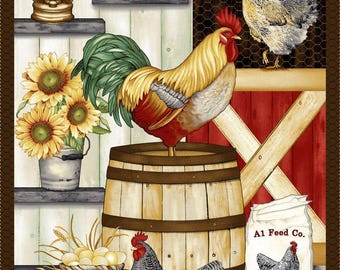 May include: A rooster stands on a wooden barrel with a bag of chicken feed that says "A1 Feed Co. Egg-Mash" in front of it. There are three baby chicks in the foreground and a hen with chicks in a basket on the bag of feed. There is a lantern, a sunflower, and a hen in a basket on a shelf in the background.