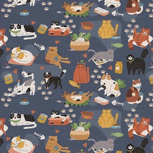 Here Kitty Kitty - Feline Frenzy - Denim Color - Pattern # 120-24963 - Paintbrush Studio - 100% Cotton Woven Fabric - Choose Your Cut