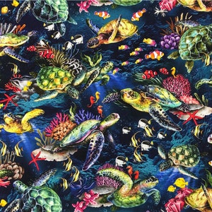 The Reef - Pattern #59-3821 - Sea Turtle Dark Blue - Oasis Fabrics - 100% Cotton Woven Fabric, Choose Your Cut