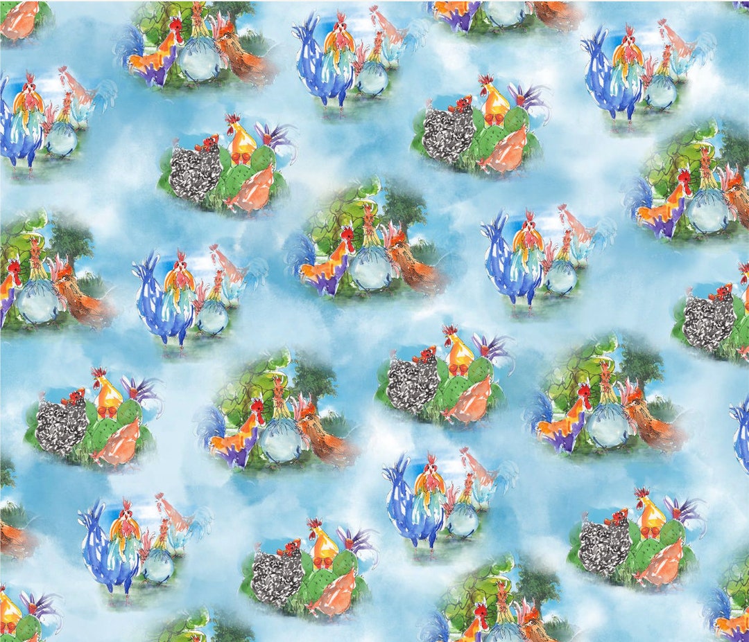 Colorful Roosters Scenes on Blue - Pattern #28405-B - by QT Fabrics ...
