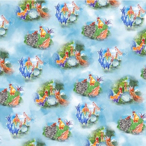 Bunte Hahn Motive auf Blau - Muster #28405-B - von QT Fabrics - 100% Baumwolle Webstoff