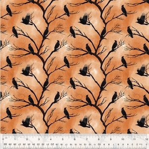 May include: Fabric with a repeating pattern of black crows perched on bare tree branches against an orange and cream watercolor background. The crows are in various poses, some with wings spread. The fabric is measured in inches.