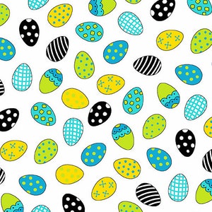 Puede incluir: Un patrón sin costuras de huevos de Pascua coloridos con varios diseños, que incluyen lunares, rayas y patrones geométricos. Los huevos son en tonos de azul, verde, amarillo y negro sobre un fondo blanco.