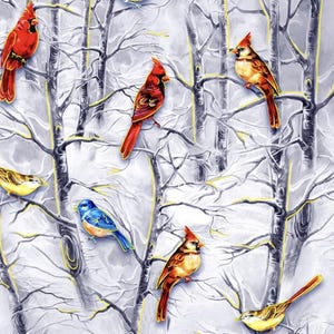 Noel (2025) - # 59-8201 Grey - Birds in Trees- by Oasis Fabrics - 100% Cotton Woven Fabric - Choose Your Cut