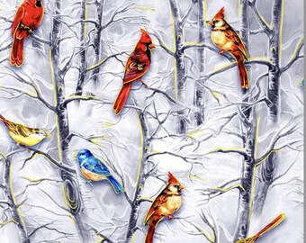 Noel (2025) - # 59-8201 Grau - Vögel im Baum - von Oasis Fabrics - 100% Baumwolle Webstoff - Wähle deinen Schnitt