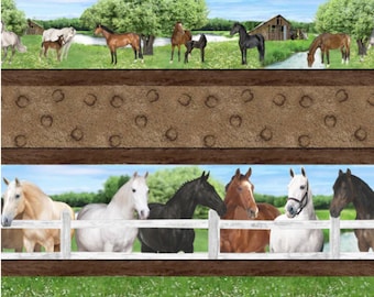 May include: A decorative border featuring a rural scene with horses grazing in a field, a wooden fence, and a barn. The design includes a brown textured band with horseshoe prints and a green grassy area.