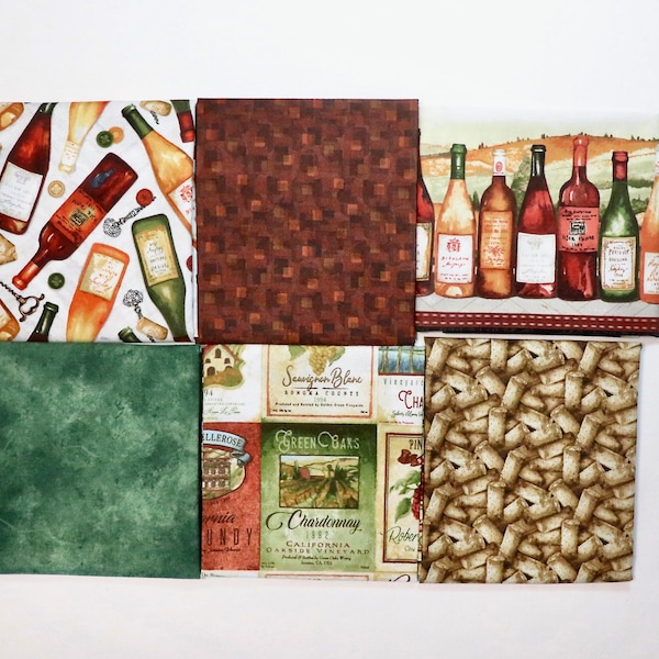 After Five - 6 Piece Fat Quarter Set - by Henry Glass - Wine Bottles, Corks, Border Stripe, Labels, and Blends - 100% Cotton Woven