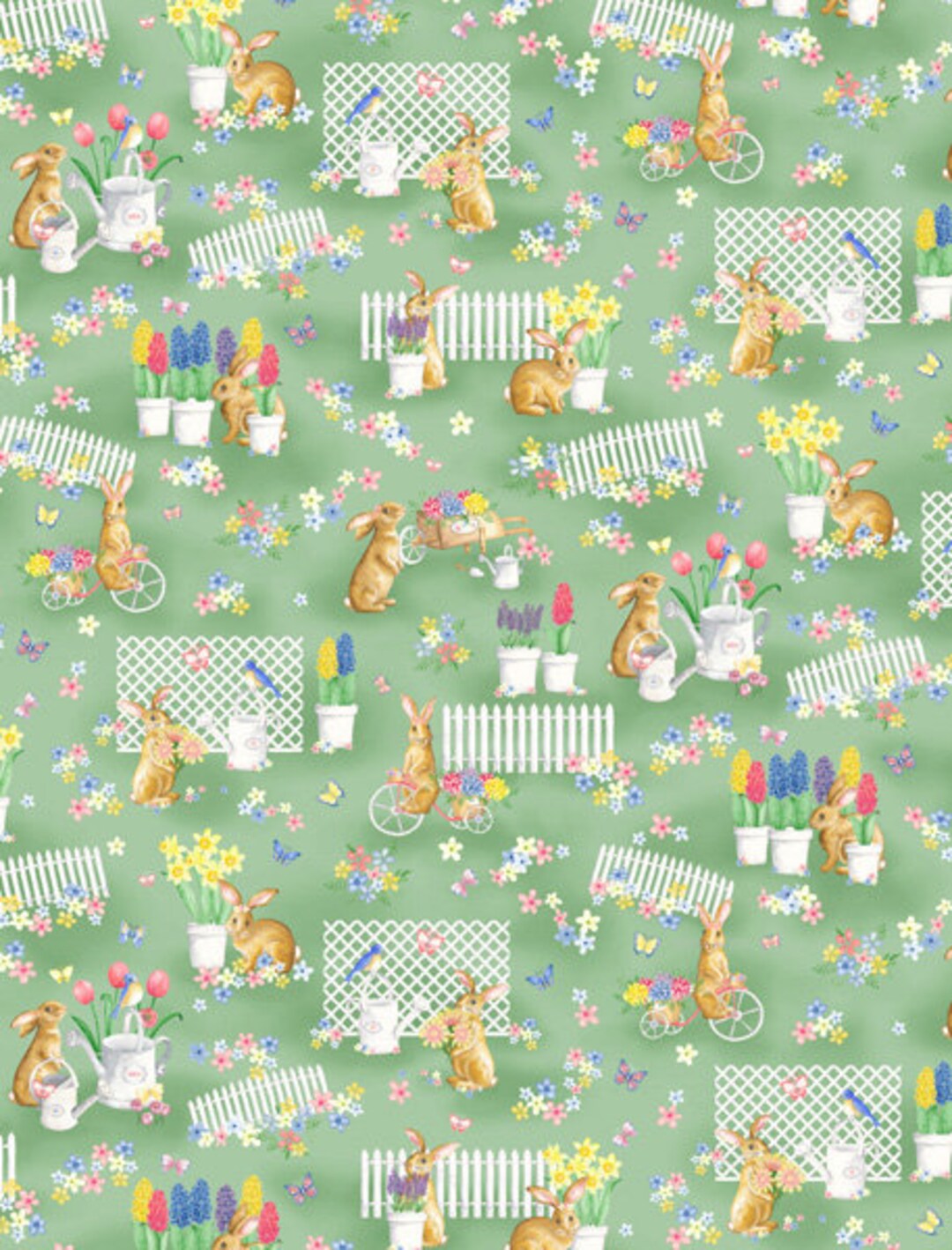 Bunnies & Blossoms - Bunny Garden - Green - # 09690 04 - by Benartex - 100% Cotton Woven Fabric ...