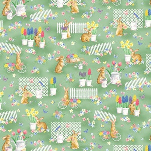 Bunnies & Blossoms - Bunny Garden - Green - # 09690 04 - by Benartex - 100% Cotton Woven Fabric, Choose Your Cut