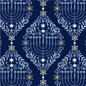 The Gift of Light - #8286-77 Dark Blue - Menorah Damask - by Studio E - 100% Cotton Woven Fabric - Choose Your Cut