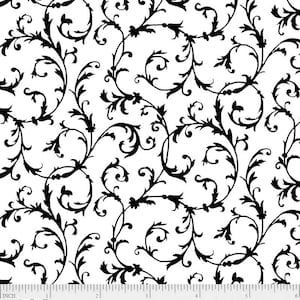 May include: Black and white floral pattern fabric with a repeating design of swirling vines and leaves. The fabric has a ruler with inches marked on it and the text "RS&P 4950 WK" at the bottom.
