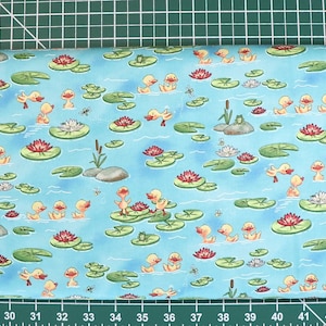 River Romp - Ducklings and Lily Pads in Water - #865-76 Teal - by Henry Glass - 100% Cotton Woven Fabric - Choose Your Cut