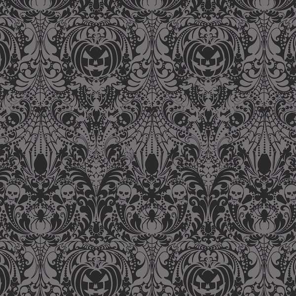 Spell on You Damask - #D93-LZ Black/Gray - Hallows Eve - by Freckle & Lollie - 100% Cotton Woven Fabric - Choose Your Cut