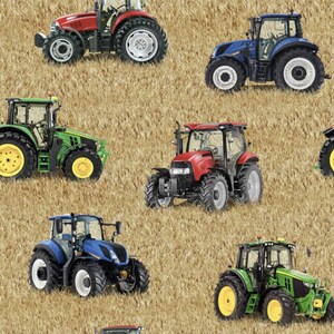 May include: A seamless pattern featuring multiple tractors in various colors, including red, green, and blue, on a brown background. The tractors are all facing forward and have large wheels.