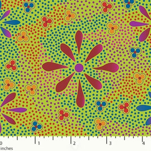 May include: A green fabric with a repeating pattern of red, blue, purple, and orange flowers on a background of small, colourful dots.