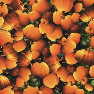 Pode incluir: Um padrão de tecido com uma densa disposição de abóboras laranja com caules castanhos e folhas verdes. As abóboras variam em tamanho e são colocadas sobre um fundo verde escuro, criando um tema de colheita de outono.