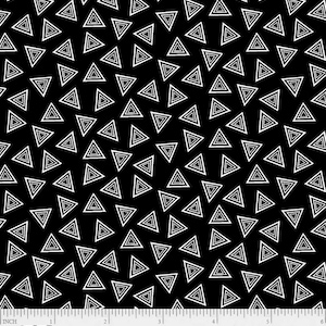 May include: Black fabric with a white geometric pattern of repeating concentric triangles.