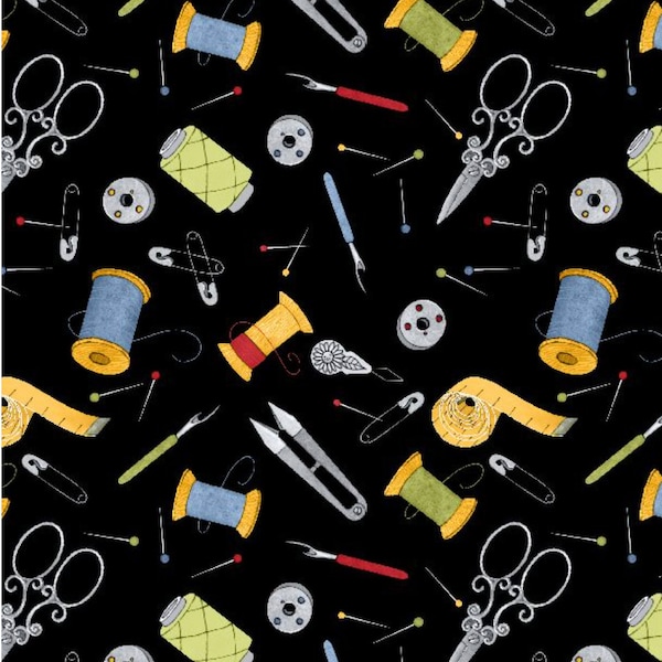Common Threads - #3061 21754 994 - Sewing Theme - Notions All Over Black - by Wilmington Prints - 100% Cotton Woven Fabric - Choose Your Cut