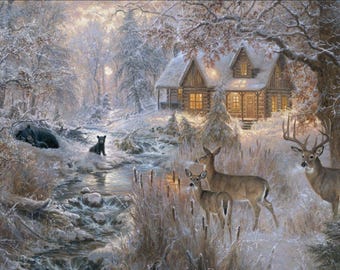 Under the Moonlight - Wildlife Winter Scene - by 3 Wishes - 100% Cotton Woven Fabric - Measures 23" x 43"