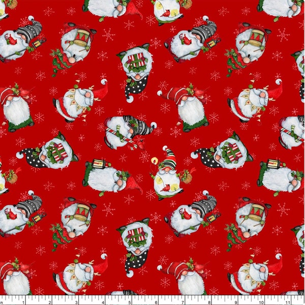 Baby It's Gnomes! - # 3023-39803-371 - by Wilmington Prints - Christmas Gnomes Toss Red - 100% Cotton Woven Fabric - Choose Your Cut