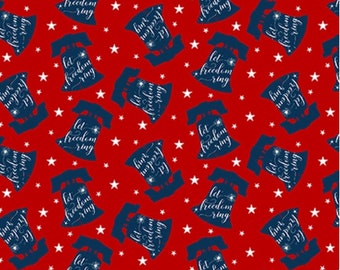 One Nation - Tossed Liberty Bell - # 117-87 Red - by Henry Glass - 100% Cotton Woven Fabric - Choose Your Cut