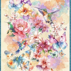 May include: A colourful watercolour design showcasing hummingbirds, butterflies, and flowers in pink, purple, blue, and orange hues. The artwork includes detailed floral elements and delicate butterfly wings, set against a soft, textured background with a teal border.