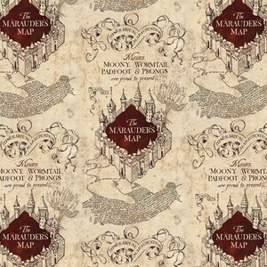 May include: A repeating pattern featuring a map design with a parchment-like background. The map includes castle illustrations, text, and the words "The Marauder's Map." Decorative scrolls and text elements are also present.