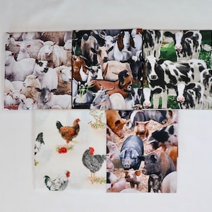 5 Fat Quarters - Farm Animals Featuring Goats, Cows, Pigs, Sheep and Chickens - 100% Cotton Woven Fabric