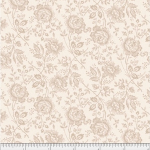 May include: A white fabric with a delicate pattern of beige floral sprigs and small flowers. The fabric has a subtle texture and a vintage aesthetic.