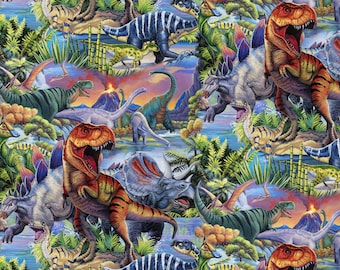 REMNANT 25.5 Inches - Dino World Allover - Pattern # AL-4171-0C-1 - Prehistoric Dinosaurs - by David Textiles - 100% Cotton Woven Fabric