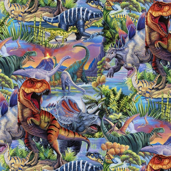 Dino World Allover - Pattern # AL-4171-0C-1 - Prehistoric Dinosaurs - by David Textiles - 100% Cotton Woven Fabric, Choose Your Cut