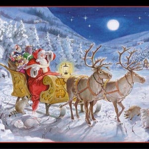 Santa Claus Is Coming - 24&#39;&#39; x 44&quot; Sleigh Panel - Elizabeth&#39;s Studio - Santa & Reindeer Christmas Panel - 100% Cotton Woven Fabric