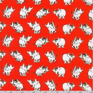 May include: Red fabric with a repeating pattern of white elephants with wings. The elephants are facing different directions and have a whimsical expression.