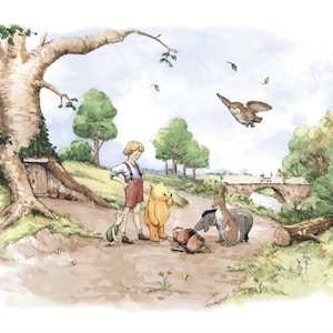 May include: Watercolor illustration featuring Winnie the Pooh, Christopher Robin, Piglet, Eeyore, and Owl. The scene depicts a path with a bridge, trees, and a large tree with a door. The characters are gathered near some pots, with Owl flying overhead.