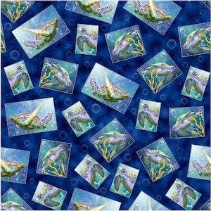 Turtle Odyssey - Sea Turtles Tossed Patches - # 29432 -N - by QT Fabrics - 100% Cotton Woven Fabric - Choose Your Cut
