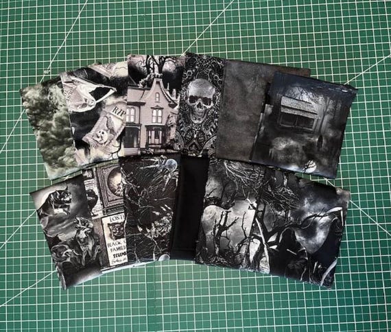 Gothic 12 Piece Fat Quarter Set - Skulls, Grim Reaper, Cemetery, Tombstones, Spooky Woods - 100% Cotton Woven Fabric