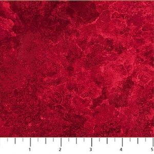 May include: Red textured fabric with a mottled, marbled appearance. The fabric has a slightly rough texture and a deep, rich red colour.