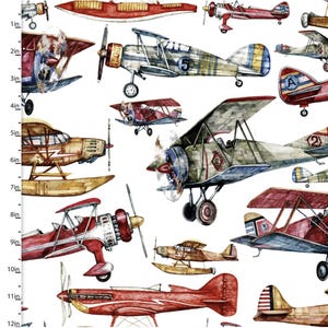 First in Flight - by 3 Wishes - Vintage Airplanes on White Background - 100% Cotton Woven Fabric - Choose Your Cut