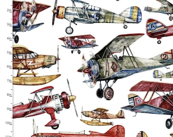 First in Flight - by 3 Wishes - Vintage Airplanes on White Background - 100% Cotton Woven Fabric - Choose Your Cut